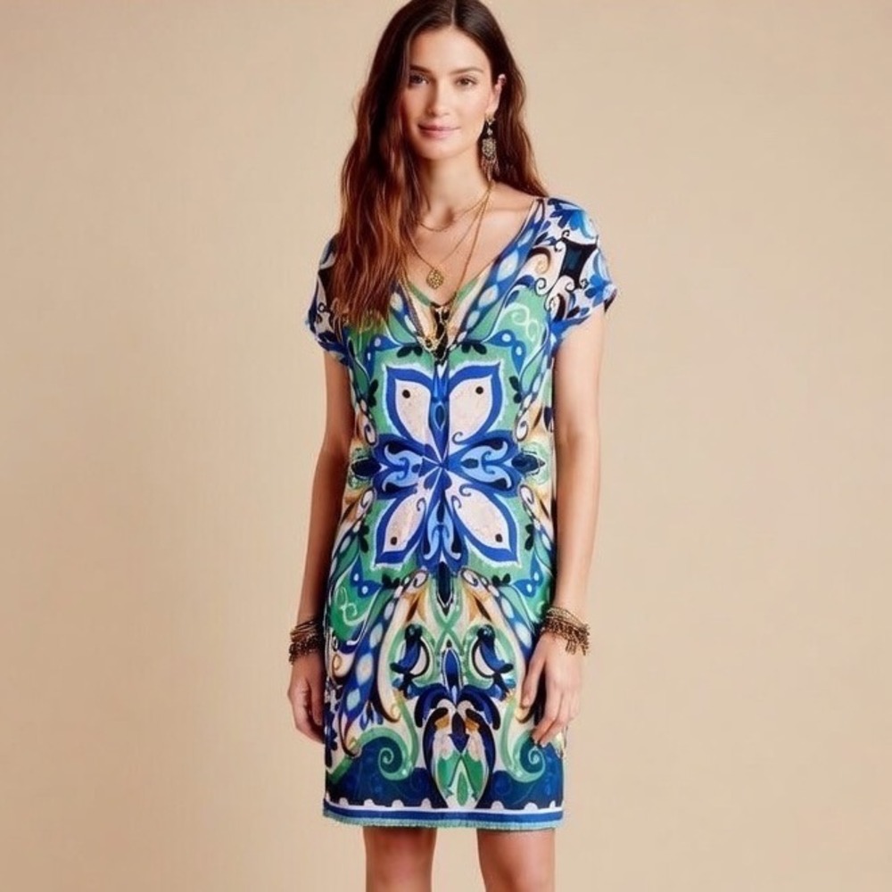 Maeve Anthropologie Bird Print Folksong Boho Shift Dress XS Bohemian Floral